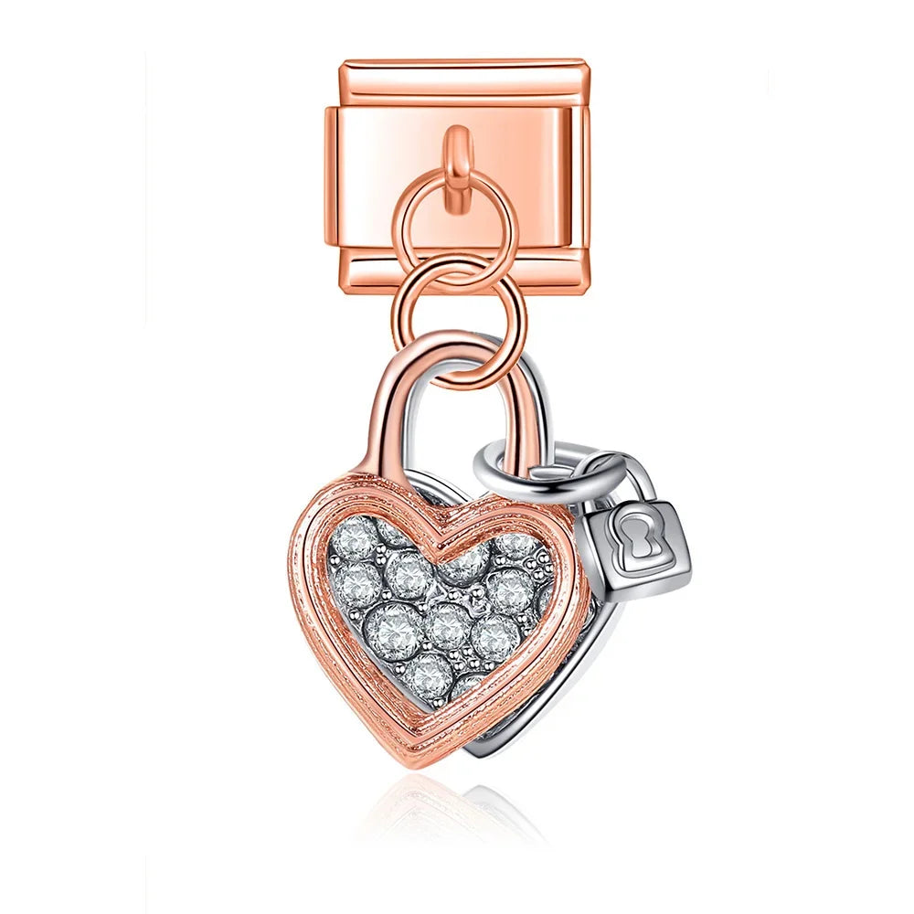 Moon Cat Love High Heel Zircon charms – rose gold heart padlock charm with silver lock accent, Italian charm bracelet charm by Charmtastic