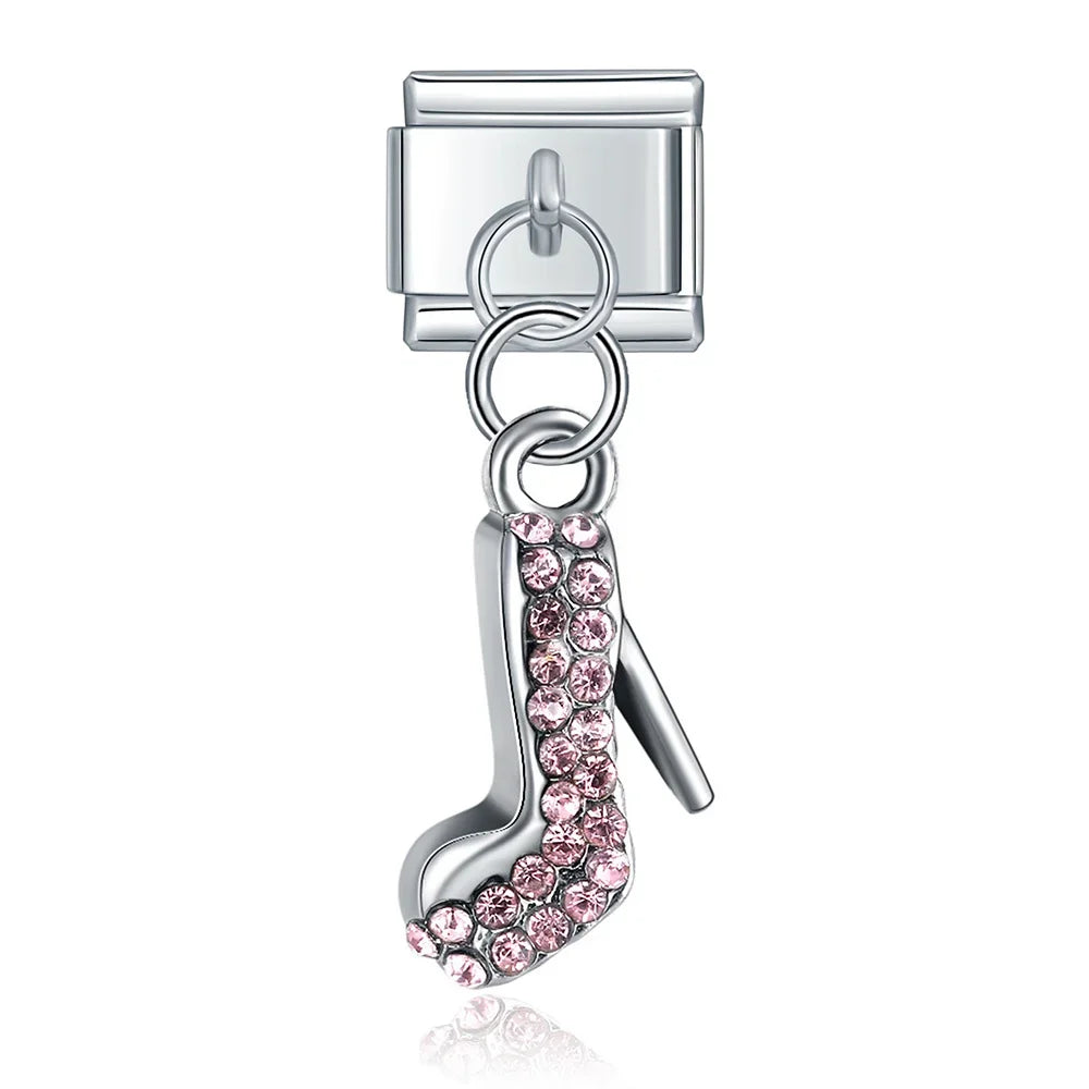 Moon Cat Love High Heel Zircon charms – silver high-heel shoe charm with pink zircon crystals, Italian charm bracelet charm by Charmtastic
