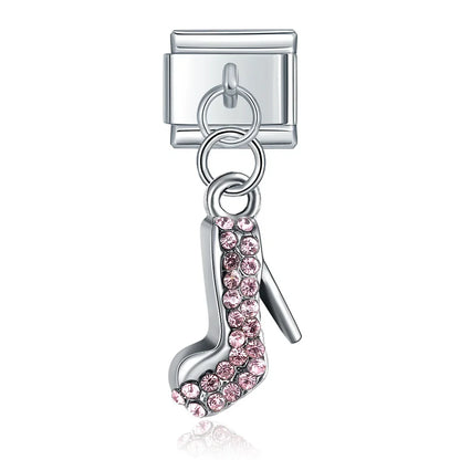 Moon Cat Love High Heel Zircon charms – silver high-heel shoe charm with pink zircon crystals, Italian charm bracelet charm by Charmtastic