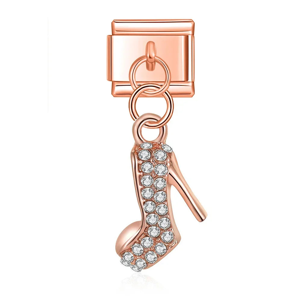 Moon Cat Love High Heel Zircon charms – rose gold high-heel shoe charm with clear zircon crystals, Italian charm bracelet charm by Charmtastic