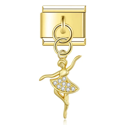 Gold ballerina CZ dangle Italian charm, by Charmtastic