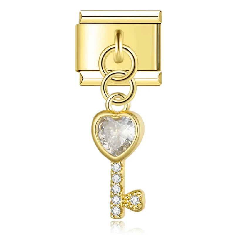 Gold key CZ dangle Italian charm, by Charmtastic