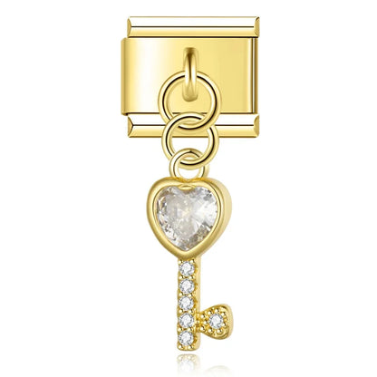Gold key CZ dangle Italian charm, by Charmtastic