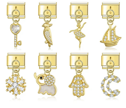 Gold CZ dangle Italian charms including key, elephant and hamsa, by Charmtastic