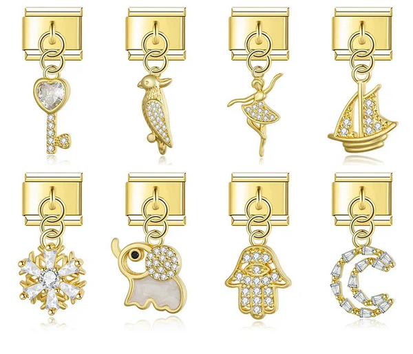 Gold CZ dangle Italian charms including key, elephant and hamsa, by Charmtastic