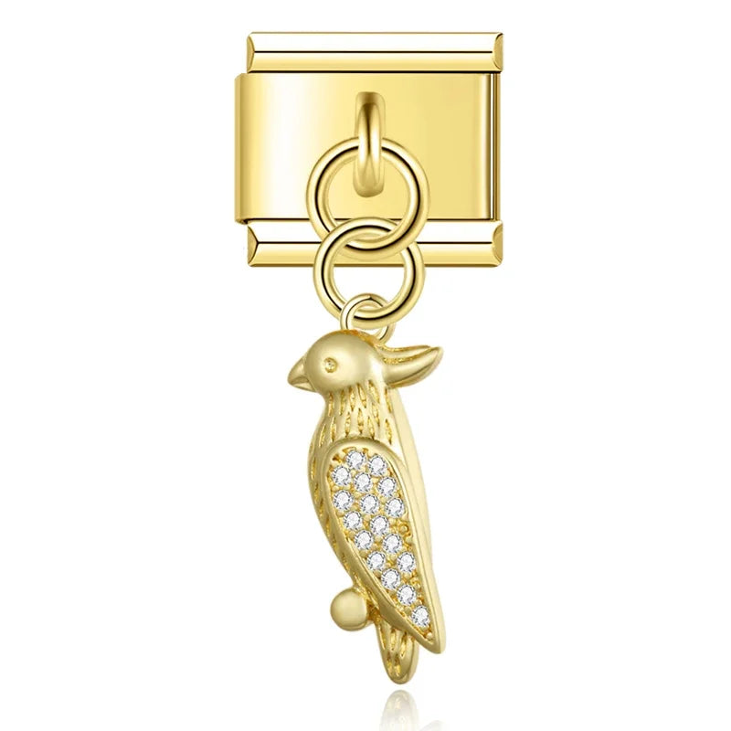 Gold parrot CZ dangle Italian charm, by Charmtastic