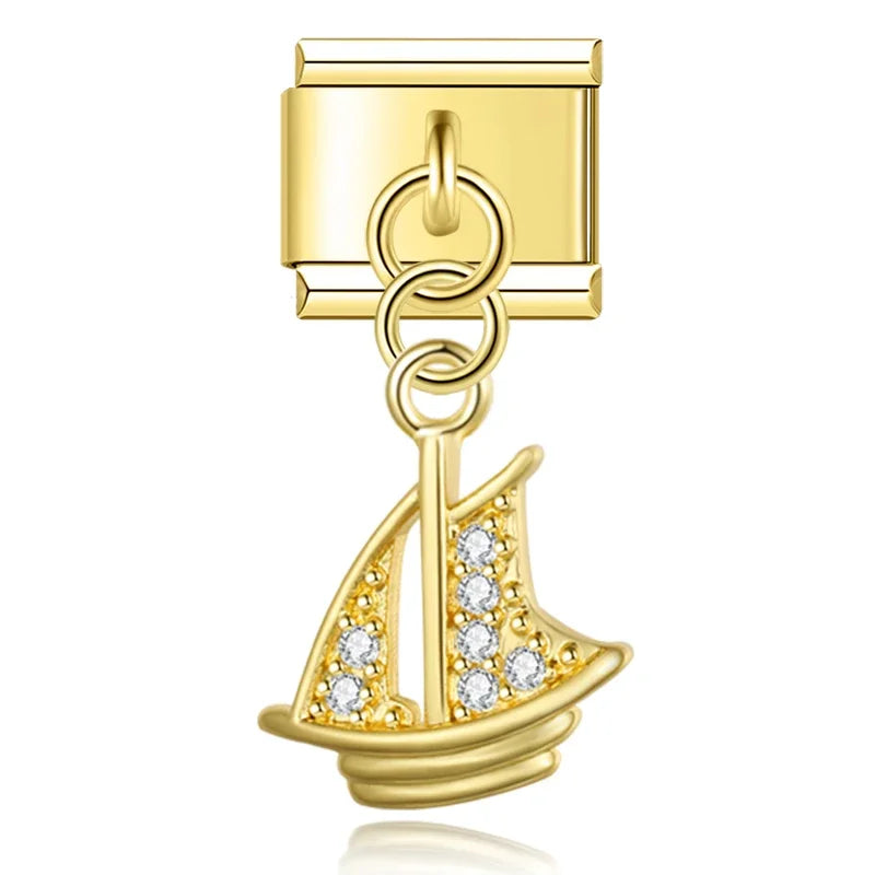 Gold sailboat CZ dangle Italian charm, by Charmtastic