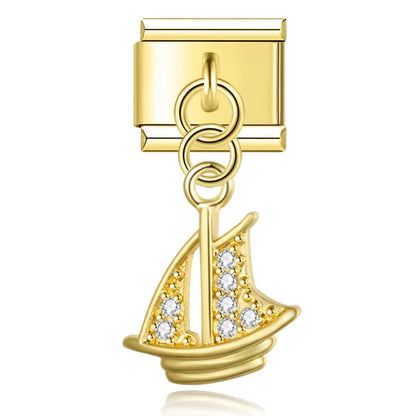 Gold sailboat CZ dangle Italian charm, by Charmtastic