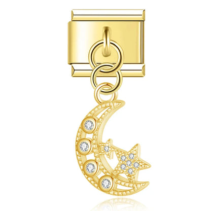 Moon Star Fish Tail Golden Charms – filigree crescent moon and star charm with cz crystals in gold, Italian charm bracelet charm by Charmtastic