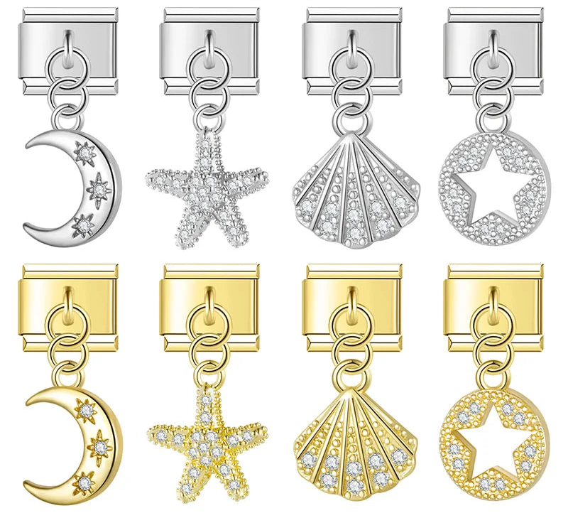 Moon, star and shell CZ dangle Italian charms in gold and silver, by Charmtastic