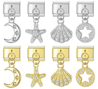 Moon, Star & Shell CZ Dangle Italian Charms (Gold & Silver)