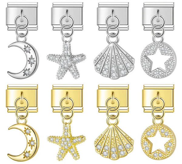 Moon, star and shell CZ dangle Italian charms in gold and silver, by Charmtastic