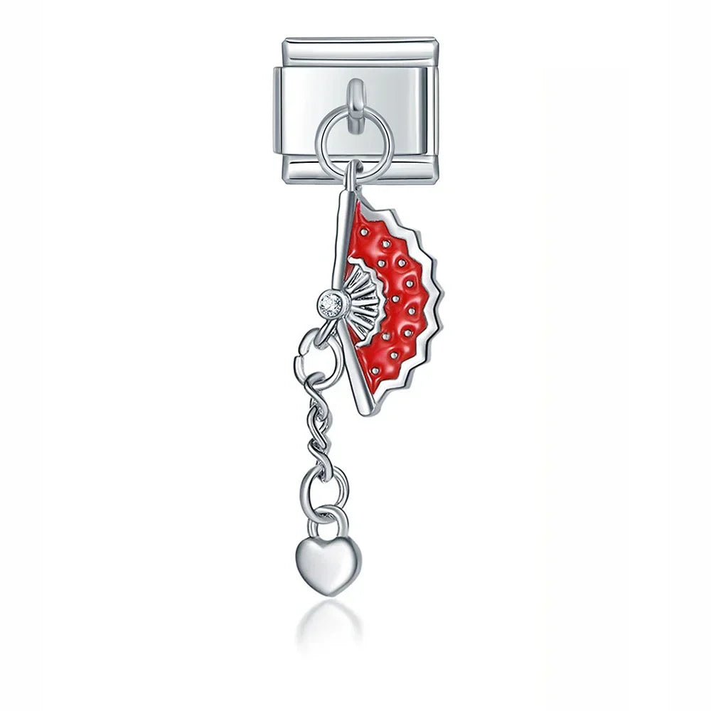 Mouse Horseshoe Christmas Sock – silver folding fan charm with red enamel and heart dangle, Italian charm bracelet charm by Charmtastic