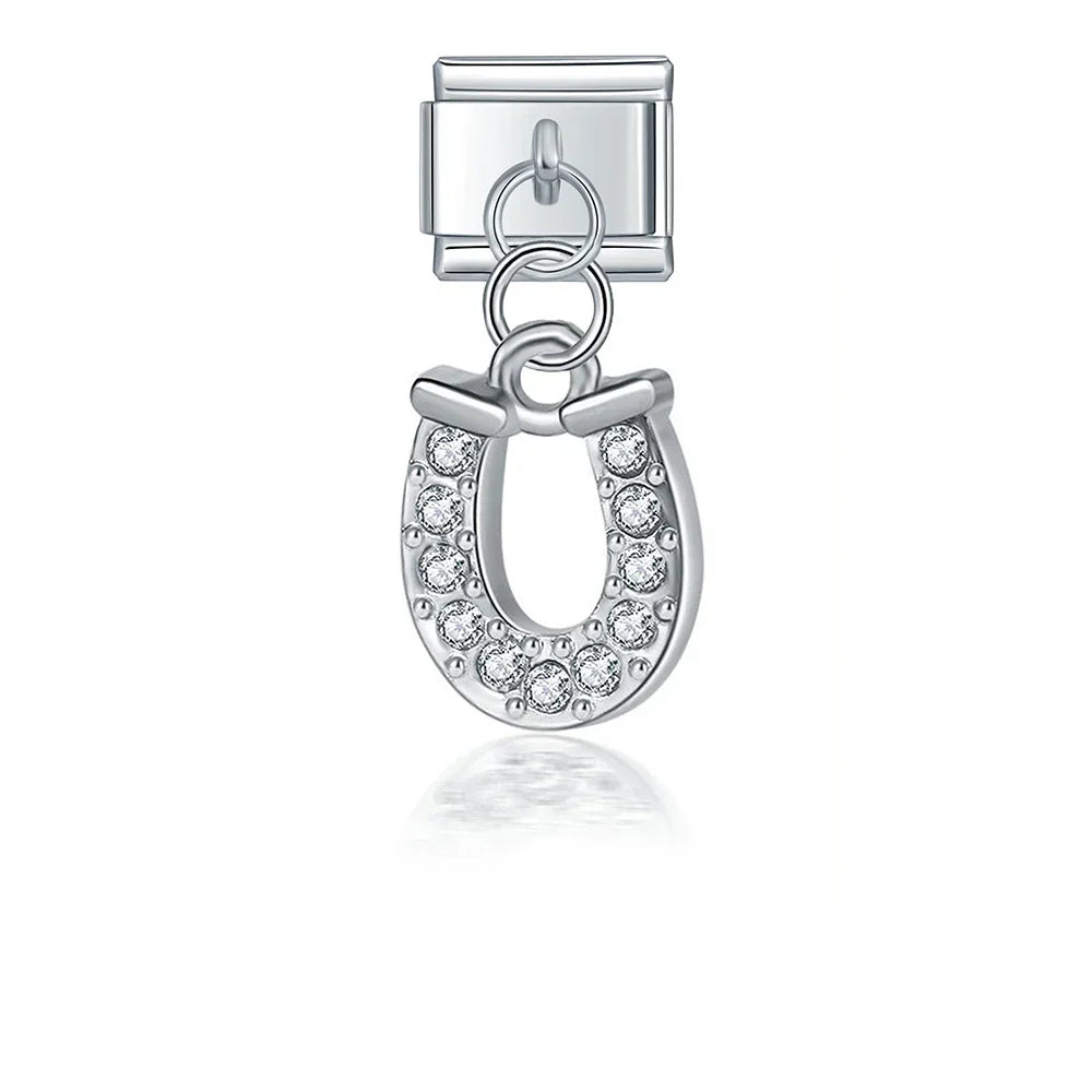Mouse Horseshoe Christmas Sock – silver horseshoe charm with CZ pave, Italian charm bracelet charm by Charmtastic