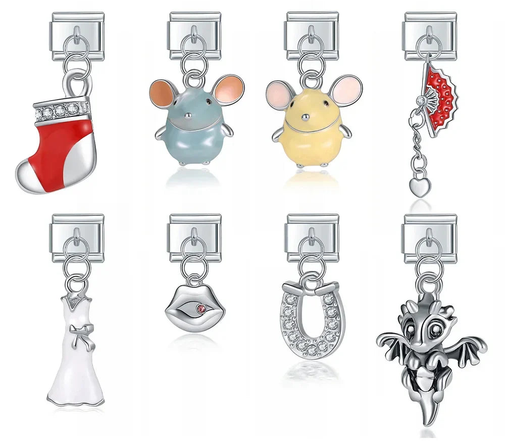 Mouse Horseshoe Christmas Sock – silver dangle charm set including Christmas stocking, mouse, horseshoe, and dragon designs, Italian charm bracelet charms by Charmtastic