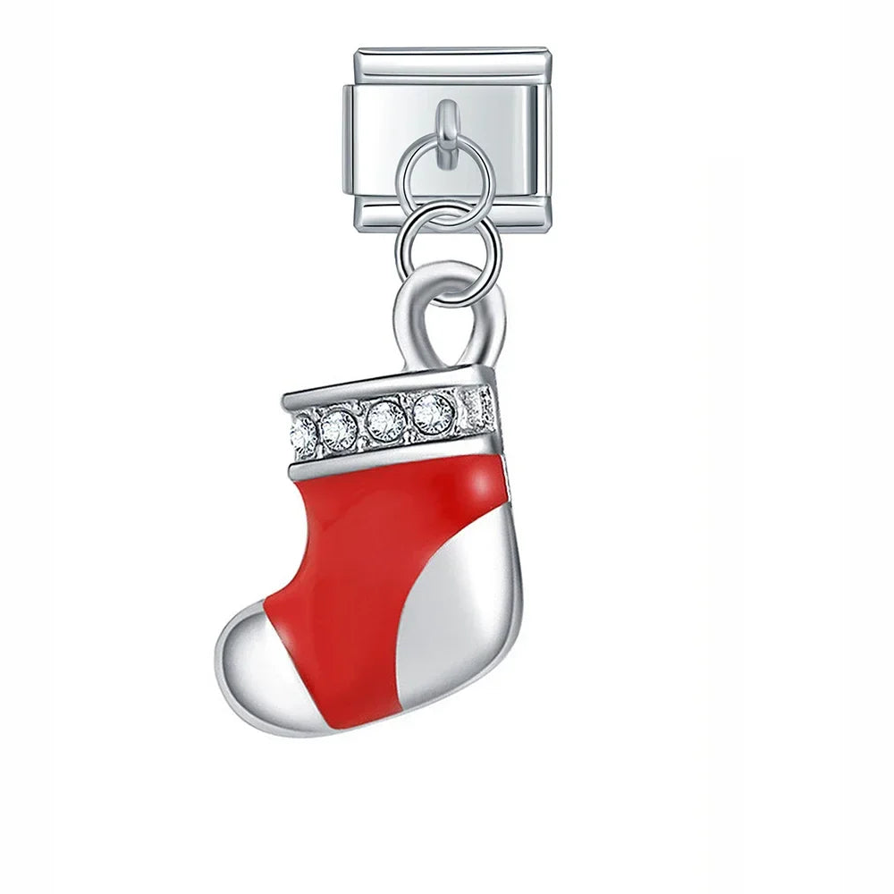 Mouse Horseshoe Christmas Sock – silver Christmas stocking charm with red enamel and CZ cuff, Italian charm bracelet charm by Charmtastic