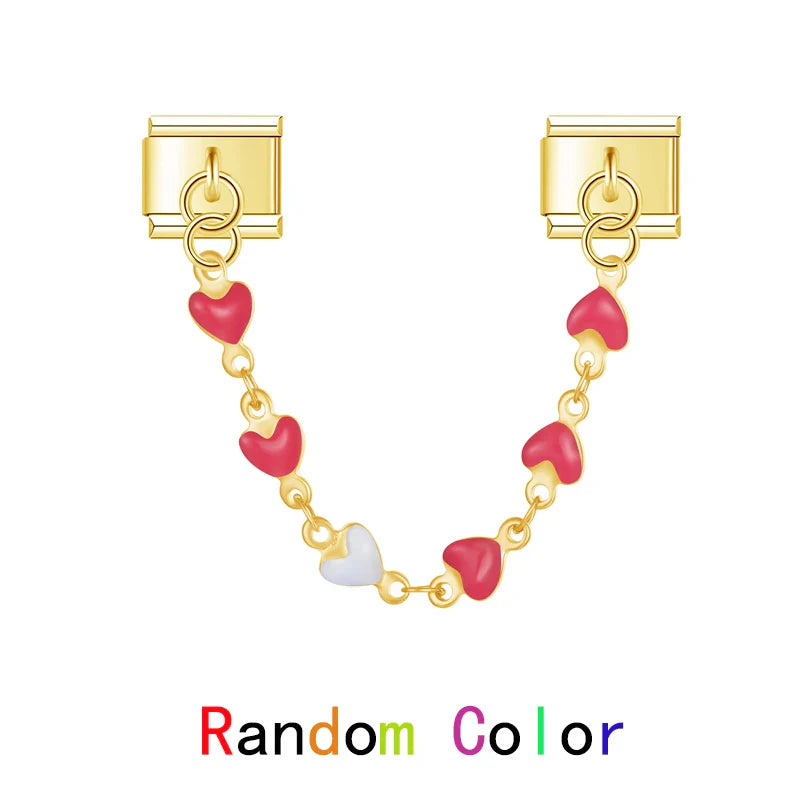 9mm Italian charm bracelet safety chain featuring a double-link design with a dangling chain of multicolored enamel hearts in silver and gold hardware.