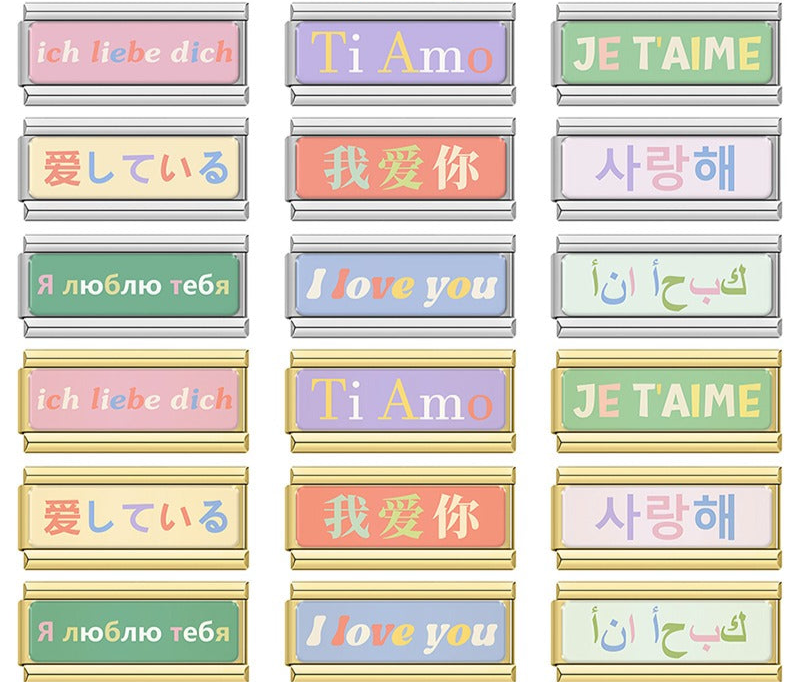 A set of Italian charms on silver and gold 9mm modular links featuring "I Love You" in various languages like French, Italian, Arabic, and Japanese - Charmtastic