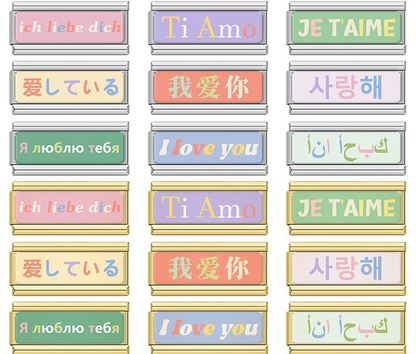 A set of Italian charms on silver and gold 9mm modular links featuring "I Love You" in various languages like French, Italian, Arabic, and Japanese - Charmtastic