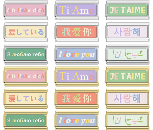 A set of Italian charms on silver and gold 9mm modular links featuring "I Love You" in various languages like French, Italian, Arabic, and Japanese - Charmtastic