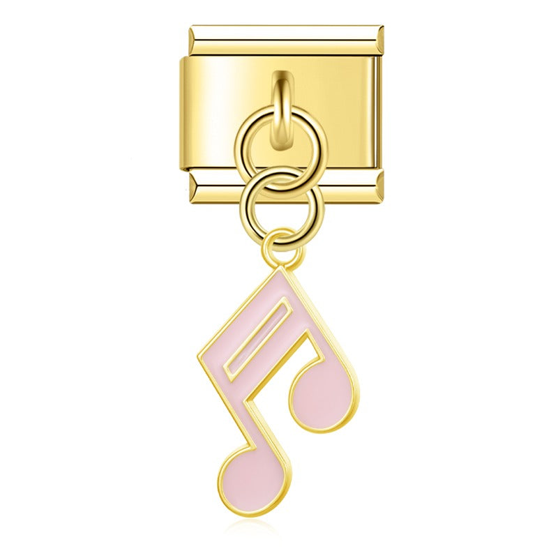 Music Note golden dangle charms – gold double eighth note charm with pink enamel, Italian charm bracelet charm by Charmtastic