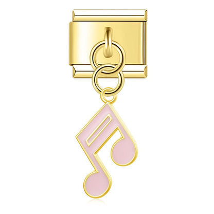 Music Note golden dangle charms – gold double eighth note charm with pink enamel, Italian charm bracelet charm by Charmtastic