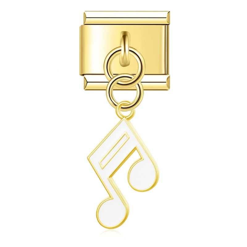 Music Note golden dangle charms – gold double eighth note charm with white enamel, Italian charm bracelet charm by Charmtastic