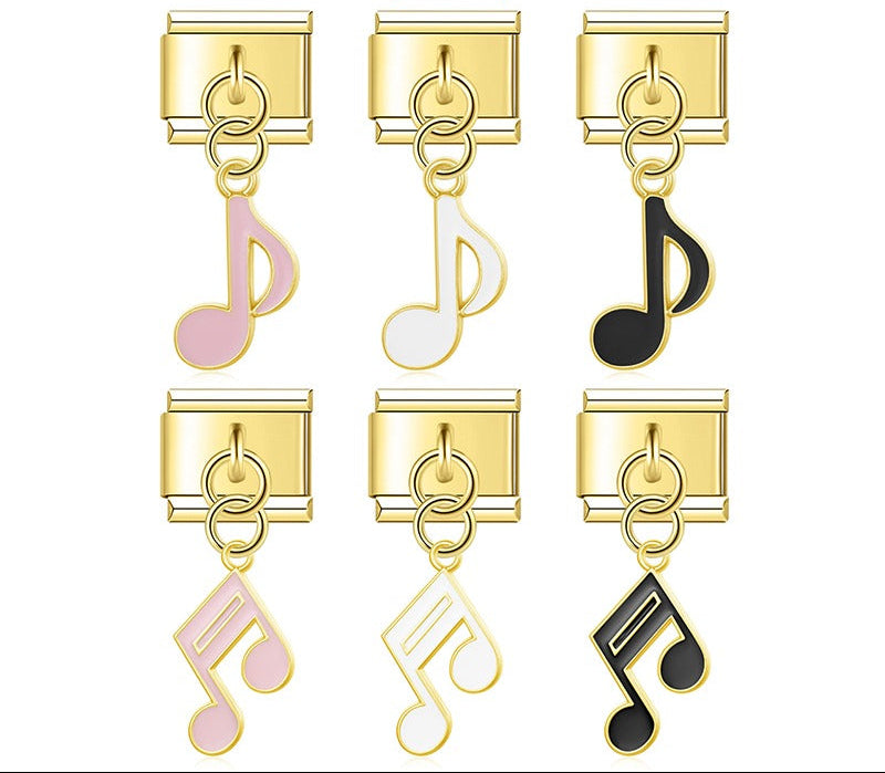 Music Note golden dangle charms – gold enamel single and double eighth note charms in pink, white, and black, Italian charm bracelet charms by Charmtastic