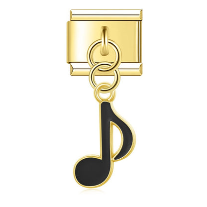 Music Note golden dangle charms – gold single eighth note charm with black enamel, Italian charm bracelet charm by Charmtastic