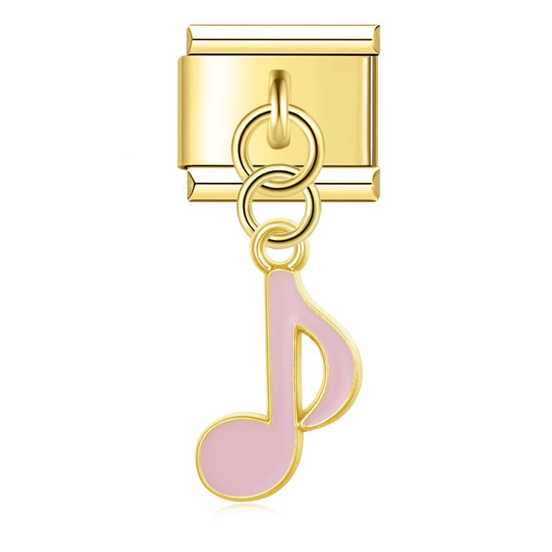Music Note golden dangle charms – gold single eighth note charm with pink enamel, Italian charm bracelet charm by Charmtastic