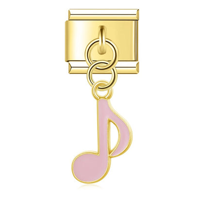 Music Note golden dangle charms – gold single eighth note charm with pink enamel, Italian charm bracelet charm by Charmtastic