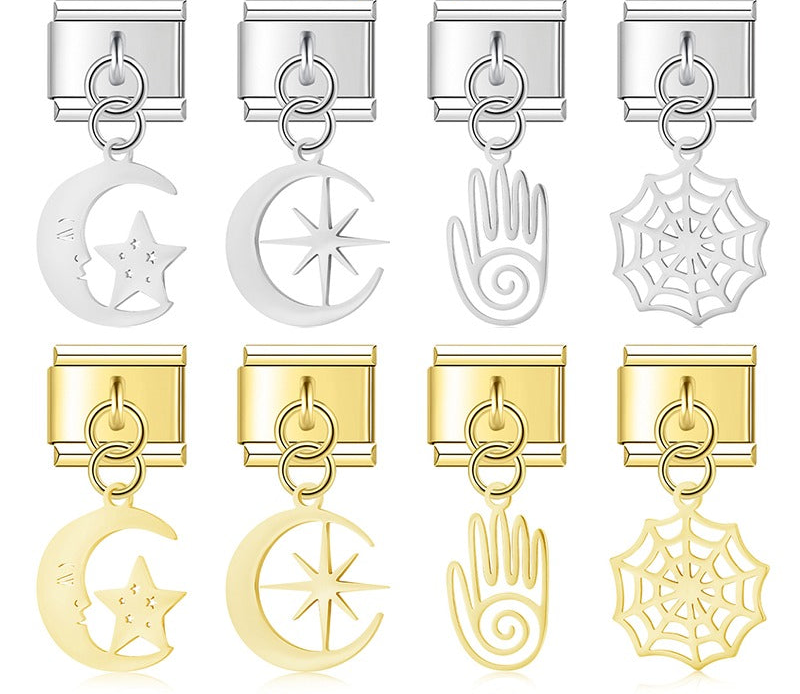 A collection of 8 dangle Italian charms on silver and gold 9mm modular links featuring cut-out silhouettes of a sleepy moon with a star, a sunburst moon, a spiral palm hand, and a spiderweb - Charmtastic