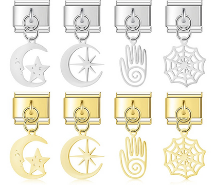 A collection of 8 dangle Italian charms on silver and gold 9mm modular links featuring cut-out silhouettes of a sleepy moon with a star, a sunburst moon, a spiral palm hand, and a spiderweb - Charmtastic