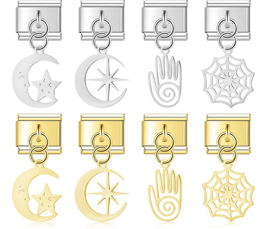 A collection of 8 dangle Italian charms on silver and gold 9mm modular links featuring cut-out silhouettes of a sleepy moon with a star, a sunburst moon, a spiral palm hand, and a spiderweb - Charmtastic