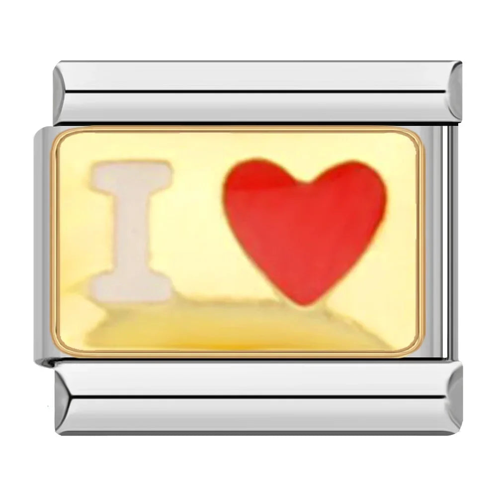 National Flags of the World Charm – I heart gold enamel charm with red heart, Italian charm bracelet charm by Charmtastic