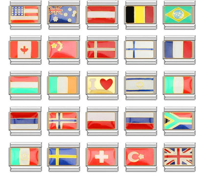 National Flags of the World Charm – overview of national flag enamel charms including USA, Australia, Austria, Belgium, Brazil, Canada, China, Denmark, Finland, France, Ireland, Israel, Italy, Netherlands, Norway, Poland, Russia, South Africa, Sweden, Switzerland, Turkey and UK, Italian charm bracelet charms by Charmtastic