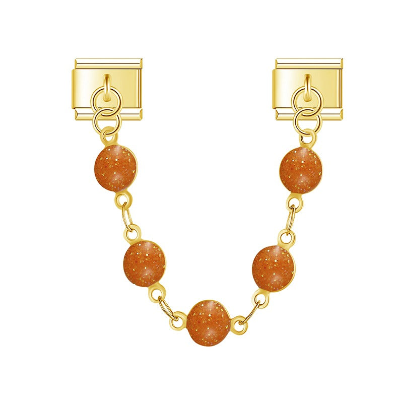 9mm Italian charm bracelet safety chain featuring a double-link design with a dangling chain of round natural stone beads in gold and silver finishes.