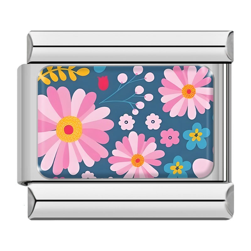 Pink daisies on navy floral pattern Italian charm bracelet charm, by Charmtastic
