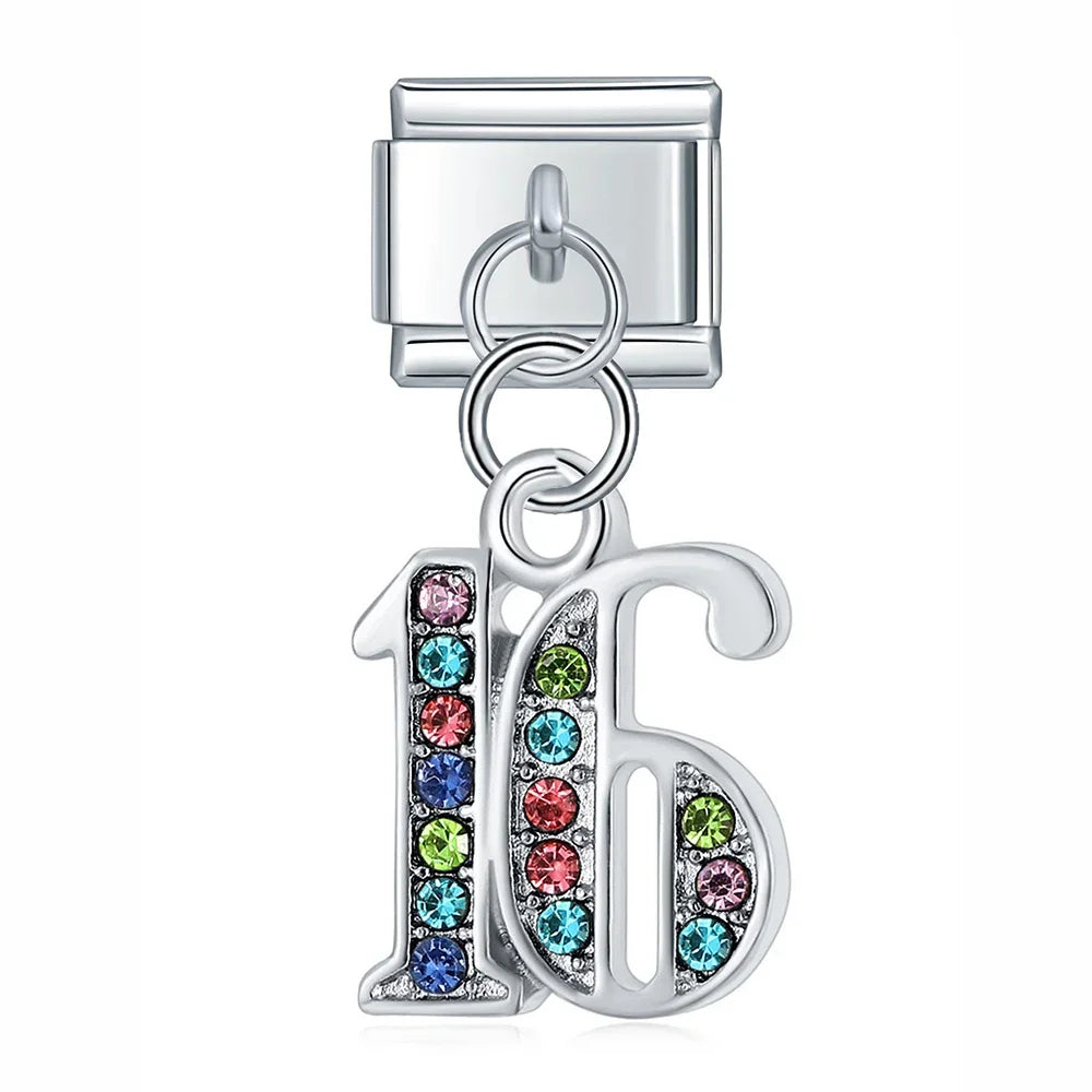 numbers 16 18 21 charms – number 16 birthday charm in colorful crystal, Italian charm bracelet charm by Charmtastic