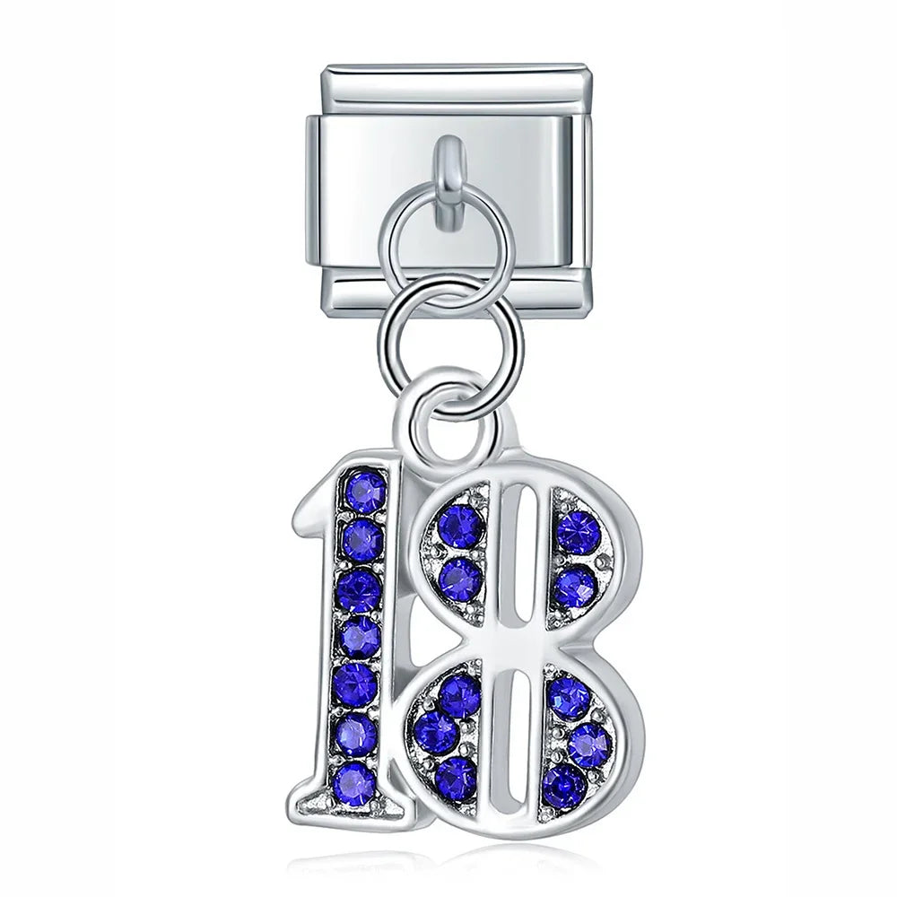 numbers 16 18 21 charms – number 18 birthday charm in blue crystal, Italian charm bracelet charm by Charmtastic