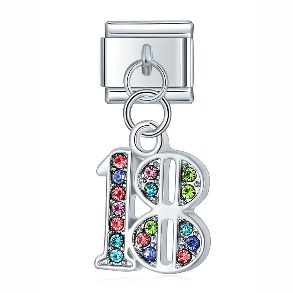 numbers 16 18 21 charms – number 18 birthday charm in colorful crystal, Italian charm bracelet charm by Charmtastic