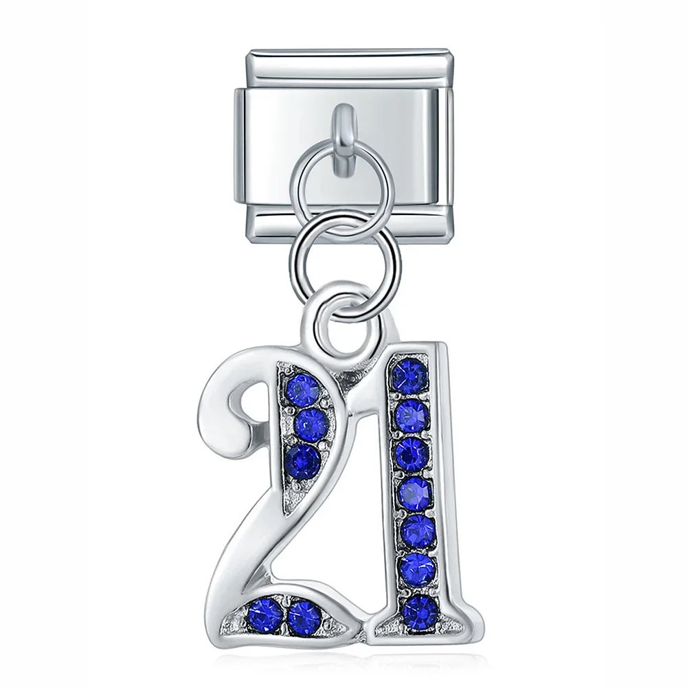numbers 16 18 21 charms – number 21 birthday charm in blue crystal, Italian charm bracelet charm by Charmtastic