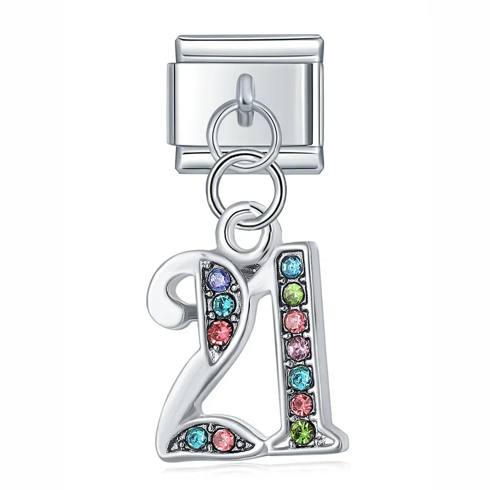 numbers 16 18 21 charms – number 21 birthday charm in colorful crystal, Italian charm bracelet charm by Charmtastic