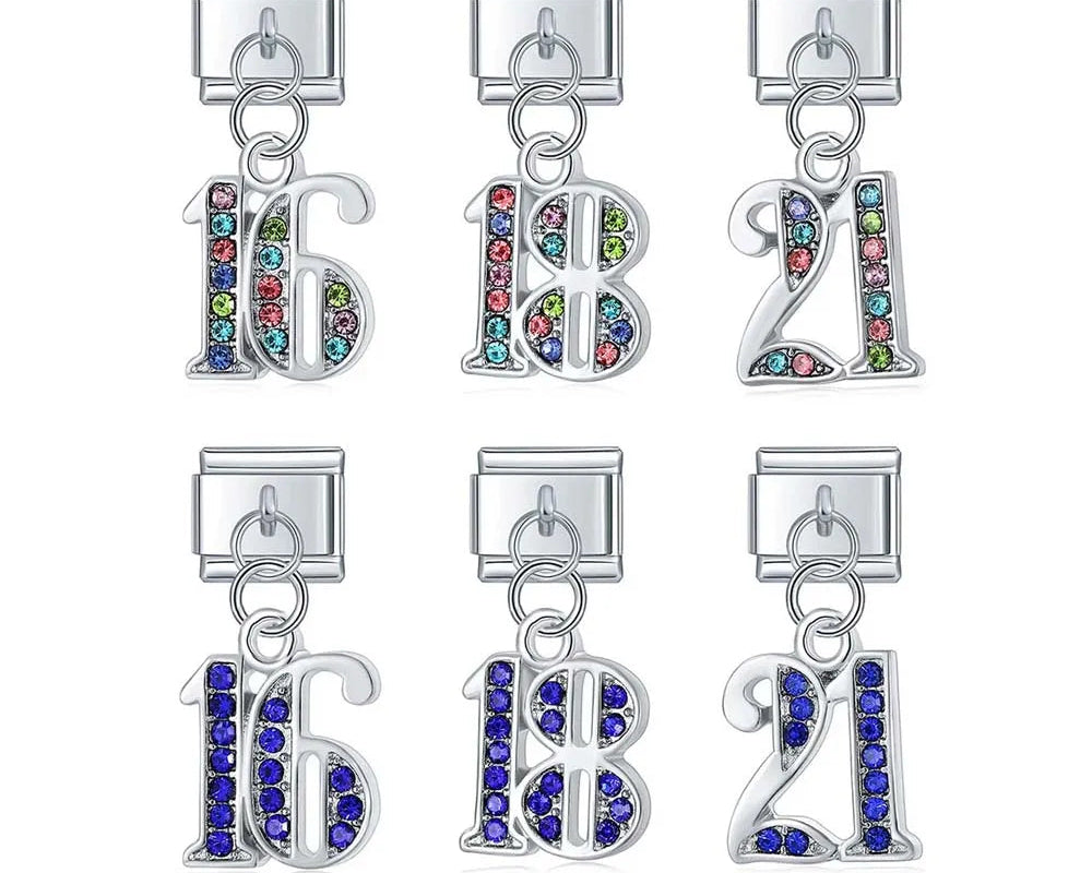 numbers 16 18 21 charms – overview of number 16, 18 and 21 birthday charm in colorful and blue crystal, Italian charm bracelet charms by Charmtastic