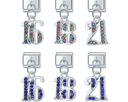 numbers 16 18 21 charms – overview of number 16, 18 and 21 birthday charm in colorful and blue crystal, Italian charm bracelet charms by Charmtastic