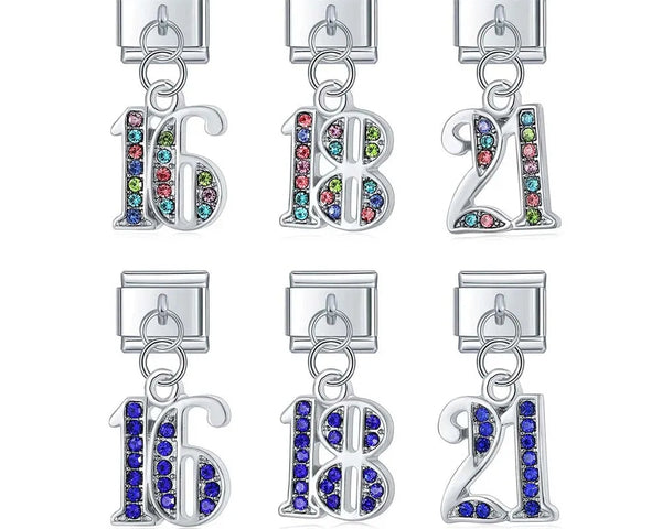 numbers 16 18 21 charms – overview of number 16, 18 and 21 birthday charm in colorful and blue crystal, Italian charm bracelet charms by Charmtastic