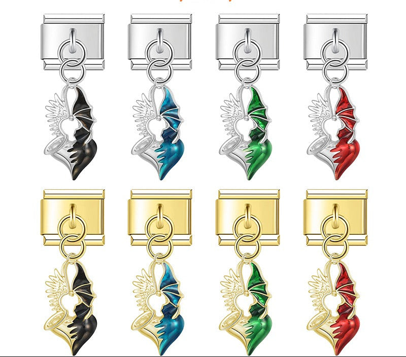 Set of dragon-love shaped charms in black, blue, green, and red  siver and gold 