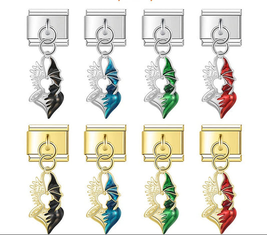 Set of dragon-love shaped charms in black, blue, green, and red  siver and gold 