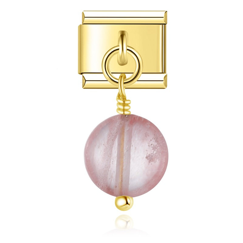 Oblate Colored Beads charms gold – pink cherry quartz oblate bead charm, Italian charm bracelet charm by Charmtastic