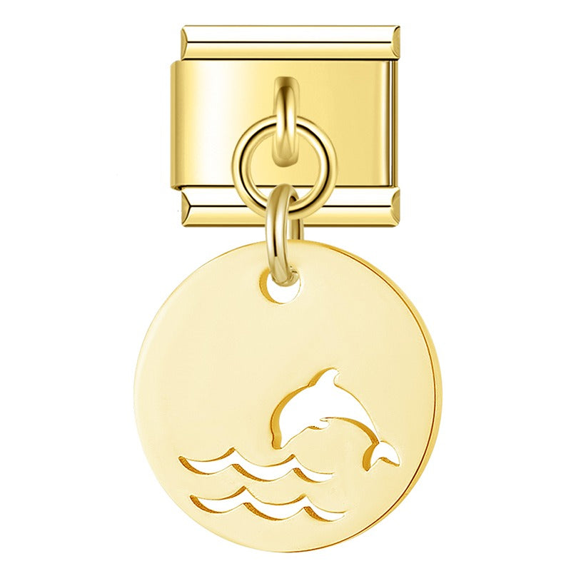 Ocean Beach Trees Dolphins Seahorses silver&gold – gold dolphin and waves disc charm, Italian charm bracelet charm by Charmtastic